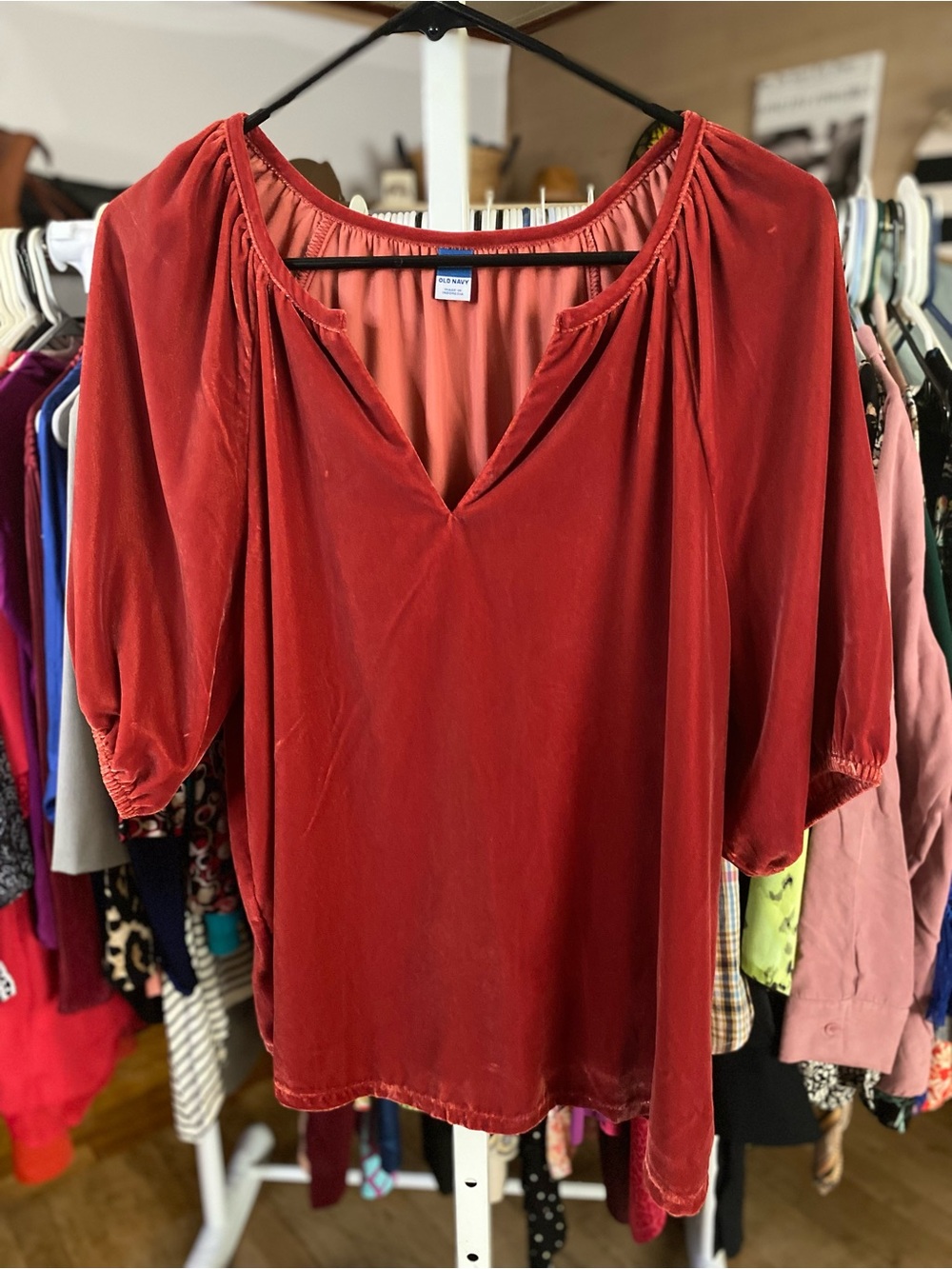 Old Navy Deep Red Velvet Peasant Top - V-Neck